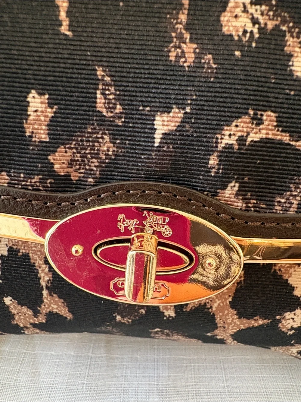 Coach Leopard-Print Canvas Satchel in Black and Brown with Gold Hardware